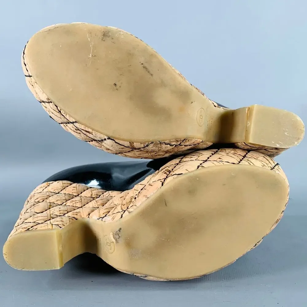 CHANEL 6.5 Black Natural Patent Leather Quilted Cork Peep Toe Platform Pumps